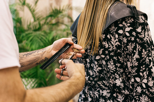 Close Up of Male Hairstylist Cutting Long Hair