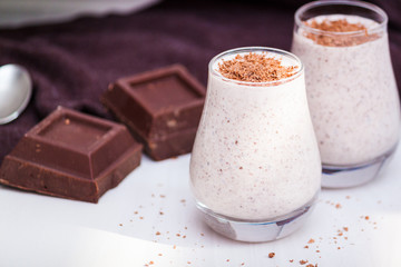 Healthy natural homemade yogurt with dark chocolate. Organic breakfast, good morning.