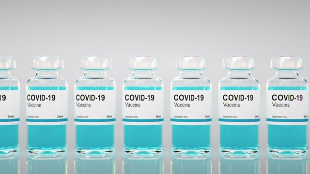 Coronavirus Covid -19 vaccine bottle. SARS-CoV-2. Vaccine batch 3d rendering animation. Seamless loop 4k
