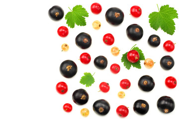 mix of red currant and black currant with green leaf isolated on a white background. healthy food. top view