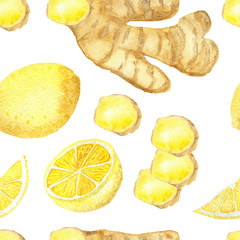 Watercolor hand painted nature healthy herbal fruit seamless pattern with yellow lemon and ginger root spices slice isolated on the white background, trendy medicinal print for design elements