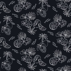 Seamless pattern with lemons, fruits, palms and blossoms.  - 336223484