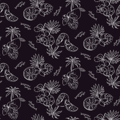 Seamless pattern with lemons, fruits, palms and blossoms. Vector illustration. - 336223610