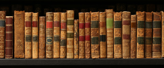 vintage books on wooden shelf.