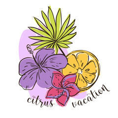 Tropical illustration with citrus fruit lemon, leafs and a flower. Vector illustration. - 336223671