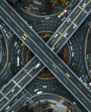 Aerial view of traffic on overpass