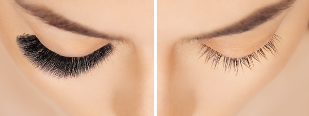 Eyelash extension procedure before after. False eyelashes. Close up portrait of woman eyes with...