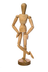 Wooden mannequin hands on waist - stands on a white background
