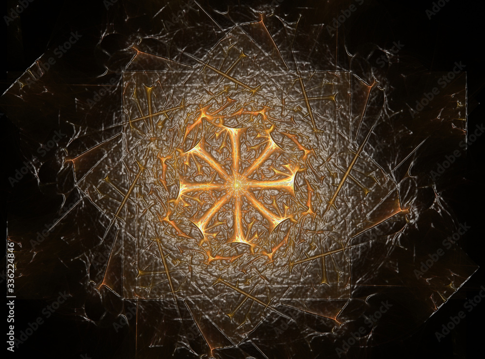 Poster an abstract computer generated modern fractal design on dark background. abstract fractal color text