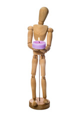 Wooden mannequin with a cake - stands on a white background