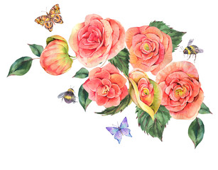 Watercolor vintage summer greeting card of pink blooming begonia flowers butterfly, bees