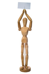 Wooden mannequin holding a sign - stands on a white background

