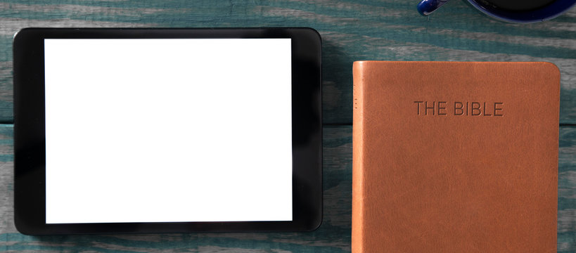 A Tablet with a Bible for LIve Streaming Church Services or Bible Study