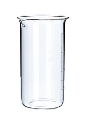 Laboratory glassware for liquids on white background, close up