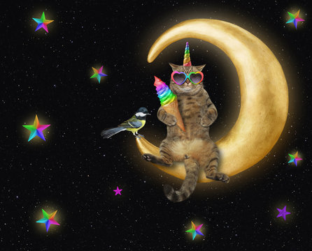 The cat unicorn in heart shaped sunglasses is eating a rianbow ice cream cone on the comfortable moon in space. A bird is next to him. Stars background.