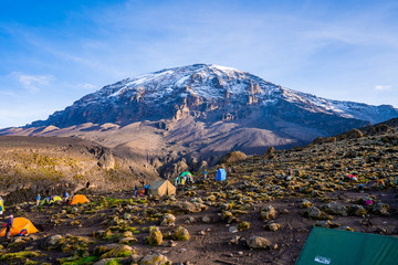 Camping on mount Kilimanjaro in tents to see the glaciers in Tanzania, Africa