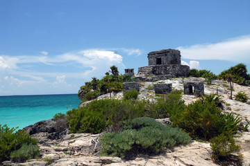America central - Yucatan , Mexico - Tulum ruins by the sea - Unesco heritage , attraction for tourist for the amazing sand beach and sea life