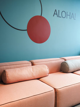 Leather couch with cushions in waiting room