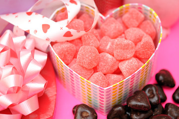 candies and chocolate in heart shape box
