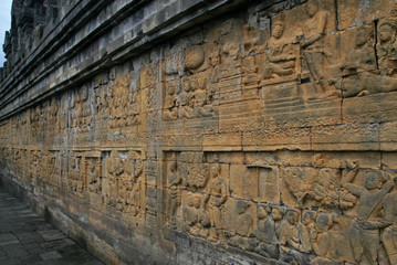 Detaild and reliefs in Borobodur, Mahayana Buddhist temple near Multilan town, Java island of...