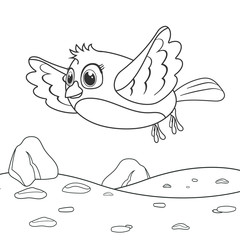Coloring page outline of cartoon fly bird. Page for coloring book of birdie for kids. Activity colorless picture about cute animals. Anti-stress page for child. Black and white vector illustration