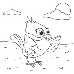 Coloring page outline of cartoon bird. Page for coloring book of funny birdie for kids. Activity colorless picture about cute animals. Anti-stress page for child. Black and white vector illustration.