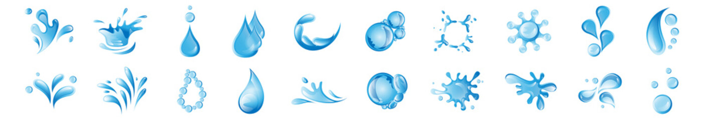 Water Splash Vector And Drop Set - Isolated On White. Vector Collection Of Flat Water Splash and Drop Logo. Icons For Droplet, Water Wave, Rain, Raindrop, Company Logo And Bubble Design