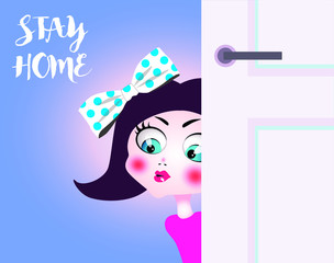 Corona virus (covid 19) prevention, awareness social media campaign to stay at home. Flat design vector. Little girl looking over the door