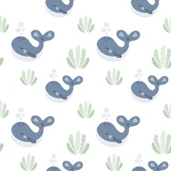 Sea life elements seamless pattern. Whales on a white background. Hand drawn doodle vector illustration. 