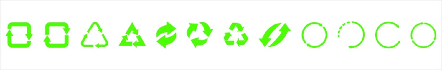 Green recycling and rotation arrow icon pack. Flat design web elements for website, app for infographics materials. Eco vector illustration.