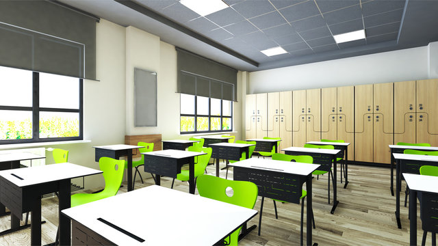 Classroom design with modern desk and green seat 3D rendering