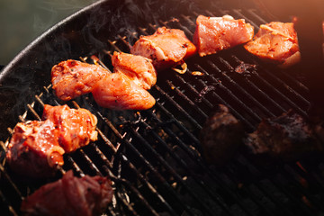 grilled meat in an open-air barbecue. Pork, sausages, beef on the coals.