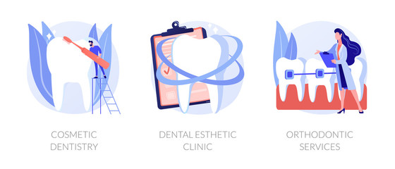 Teeth whitening and professional cleaning procedures. Dental braces. Cosmetic dentistry, dental esthetic clinic, orthodontic services metaphors. Vector isolated concept metaphor illustrations.