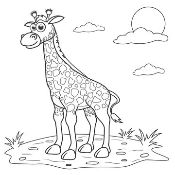 Coloring page outline of cartoon giraffe on lawn. Page for coloring book of funny elephant for kids. Activity colorless picture of cute animals. Anti-stress page for child. Black and white vector.
