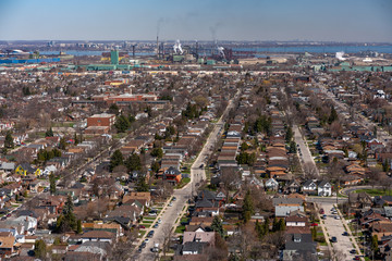 aerial view of the city with residential and industrial buildings