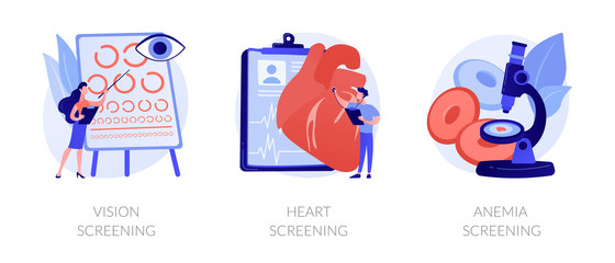 Health condition diagnostics. Laboratory blood analysis. Medical lab testing. Vision screening, hearing screening, anemia screening metaphors. Vector isolated concept metaphor illustrations.