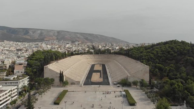 Drone fly over The Panathenaic Stadium in Athens city, Greece