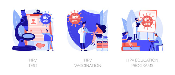 Human papillomavirus prevention, immunity development, antivirus creation. HPV test, HPV vaccination, HPV education programs metaphors. Vector isolated concept metaphor illustrations.