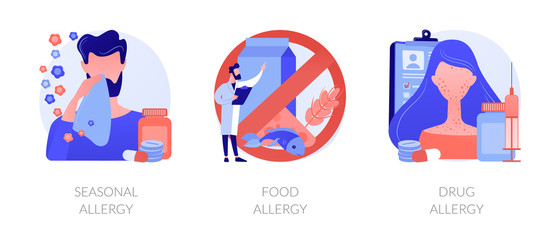 Allergy types abstract concept vector illustration set. Seasonal food and drug allergy symptoms remedy and treatment. Skin and blood testing, diagnosis complications and medication abstract metaphor.