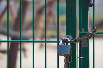 Children's playground is closed. Ban on children 's playgrounds. Prevention of coronavirus COVID-19. The fight against the virus. No children on the Playground in the yard.