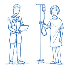 Happy patient, old woman, with hospital gown and drip and doctor giving good news or results. Hand drawn blue outline line art cartoon vector illustration. 