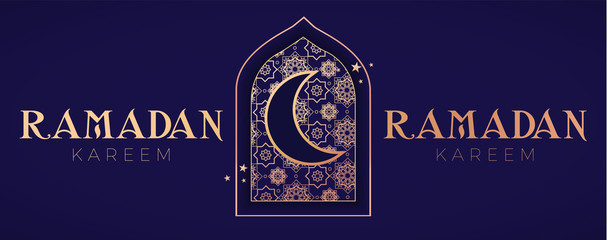 Ramadan Kareem Greeting with Mosque Door, Gold Oriental Pattern and Crescent Moon with Stars.