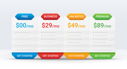 Price comparison table layout template for four products, vector illustration
