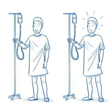 Patient, Man, With Hospital Gown And Drip Looking Happy And Concerned. Hand Drawn Blue Outline Line Art Cartoon Vector Illustration.