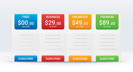 Price comparison table layout template for four products, vector illustration