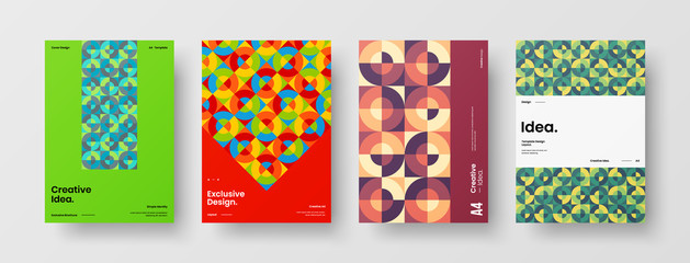 Fototapeta premium Company identity brochure template collection. Business presentation vector A4 vertical orientation front page mock up set. Corporate report cover abstract geometric illustration design layout bundle.