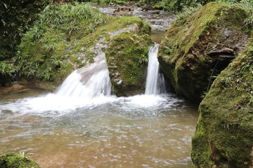 Beautiful landscape of cascade falls over mossy rocks, stones cover with moss, in a Mountain in Sichuan, China