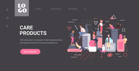 people group using beauty spa care products men women on cosmetic packagings cosmetology skin treatment concept horizontal full length copy space vector illustration