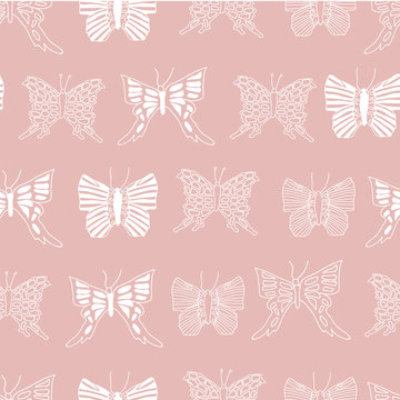 Vector repeating pattern with white outlines butterflies, on pink background.