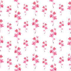 Watercolor seamless pattern with pink sakura sprigs on a white background. Delicate spring print for fabrics, cards and invitations.

